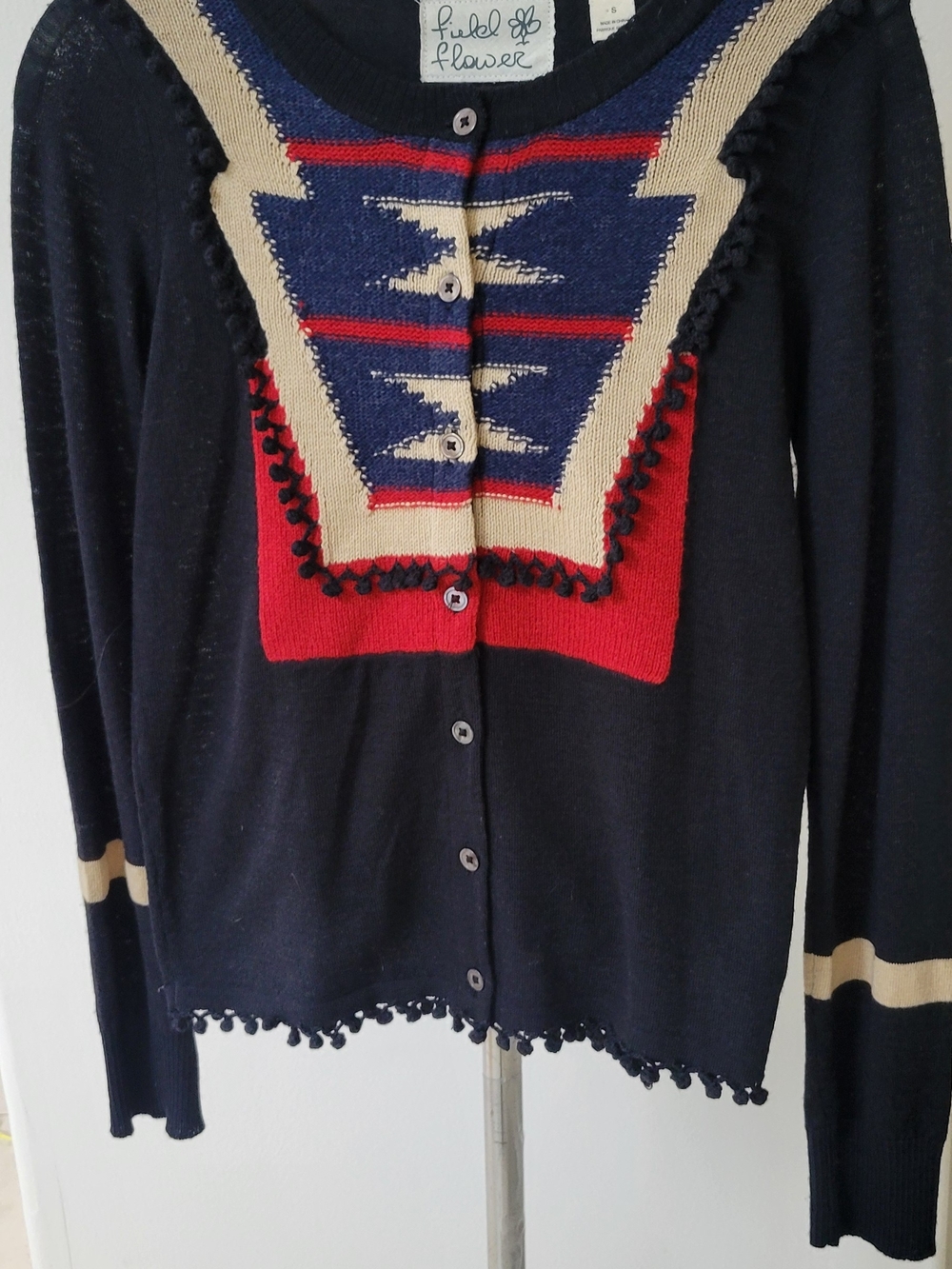 FIELD & FLOWER ANTHROPOLOGIE SWEATER/CARDIGAN NAVY-BLK-Red & Tan w Mini Tassels